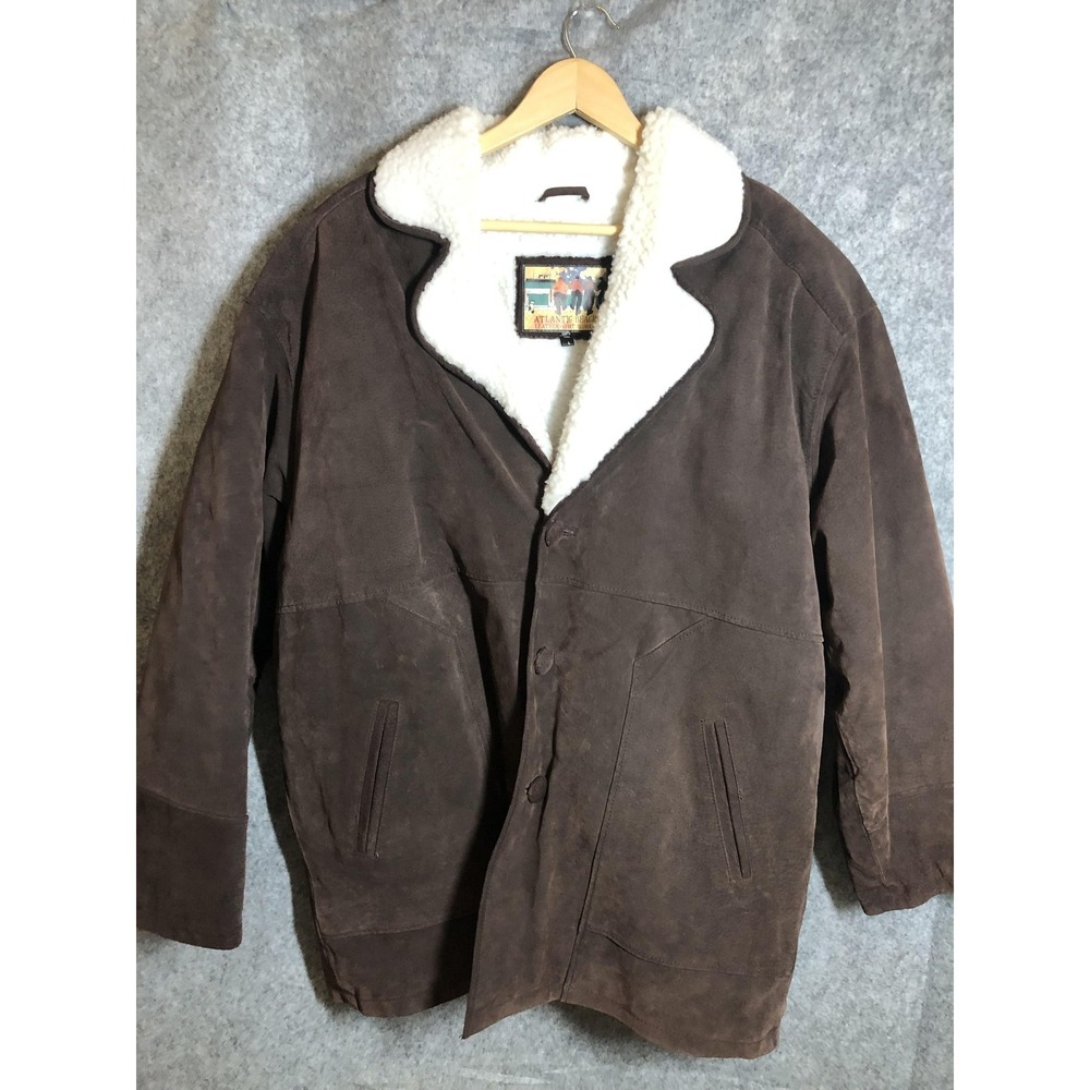 Atlantic Beach Coat Mens Large Brown Suede Leather Sherpa Lined‎ Button Front